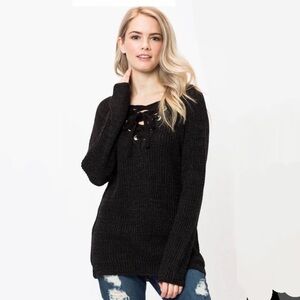 Love Tree New Black Marbled Tie Neck Lace Up Long Sleeve Sweater A121